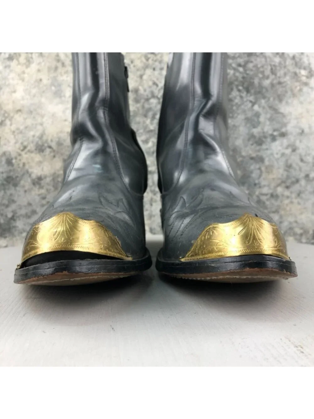 Acme VTG Mens Size 11D Dark Grey Gold Metal Toe Caps Side Zip Cowboy Ankle Boots